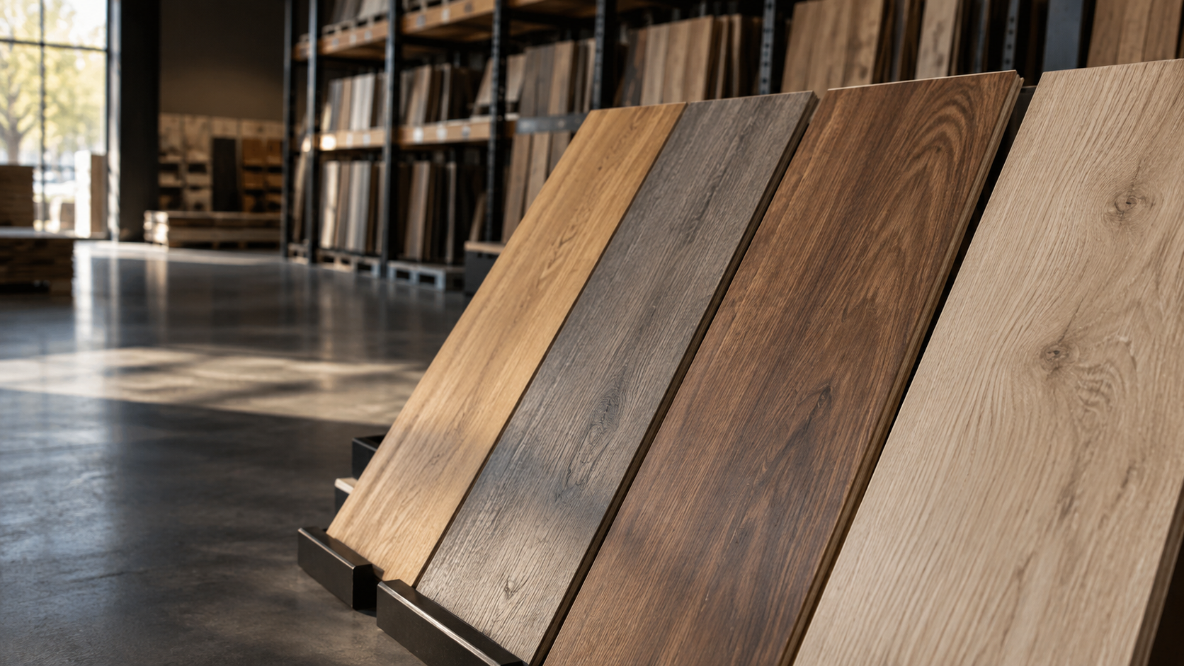 A range of wood-look laminate flooring samples in a warehouse showroom